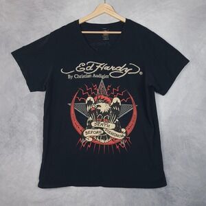 Ed Hardy Shirt Mens XL Black V-Neck Death Before Dishonor Graphic Eagle Made USA